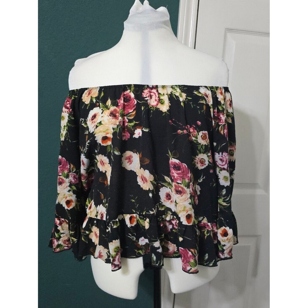 Floral Off Shoulder Peasant Blouse Top Free Kisses Black Size M Whimsigoth Boho - Picture 2 of 9